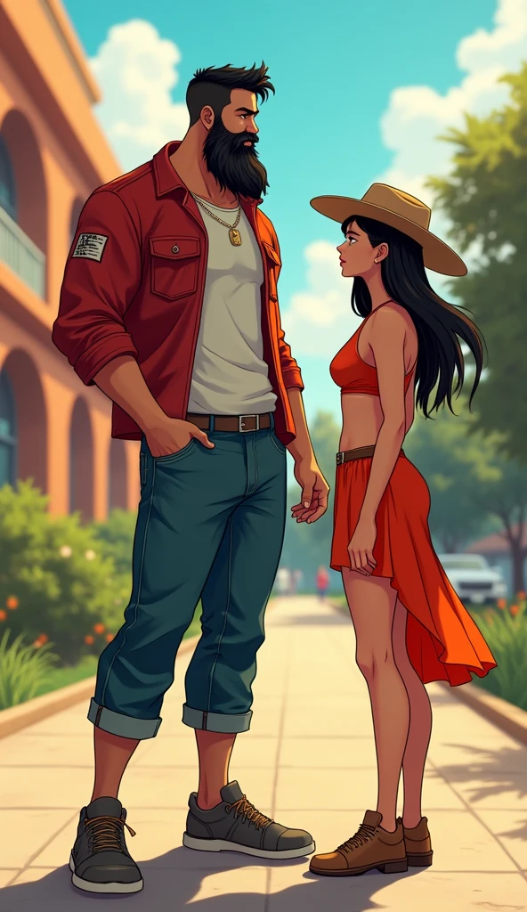 A 7-foot tall, muscular man with a big black beard with hints of white, styled in a French Crop, and brown eyes. He is wearing a vibrant, casual outfit suitable for a college campus, animated in a realistic style with vibrant colors and detailed features. Beside him stands a 6-foot tall woman with a muscular yet feminine build, Western-style hair, red eyes, and a face cut with a sexy look. She’s dressed in a vibrant, stylish cut-slip dress. The scene is in a surrealistic anime style, with a warm, sunny background reflecting their first meeting.