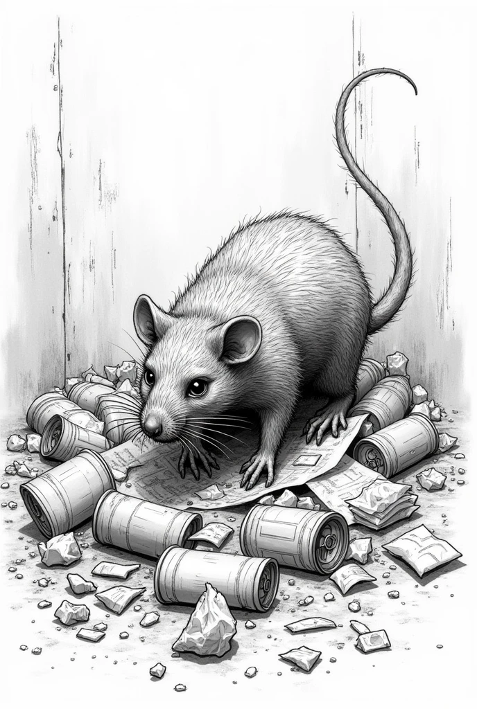 Create a realistic sketch of a hungry, ragged rat rummaging through trash in black and white pointillism