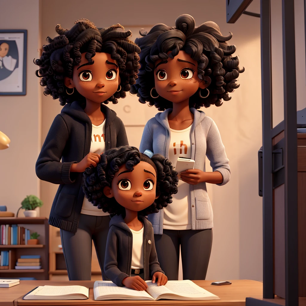 Tall black man with short hair, black woman with curly hair, little black girl reading book