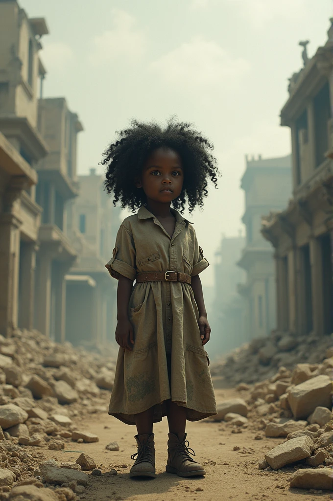 Post-apocalyptic scene with dusty buildings, In the center there is a child, A small black girl with curly black hair, The girl has a gentle expression, Her clothing is a little old