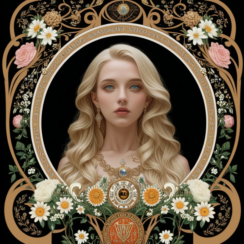 (skeleton like:0.4), ((female ornate princess)), (with blonde long flowing hair), (bright beautiful eyes), trending on artstation, flowers of hope by Jean-Honor Fragonard, Peter mohrbacher, hyper detailed, insane details, stunning, intricate, elite, art nouveau, ornate, liquid wax, elegant, extravagant, luxury, Greg Rutkowski, ink style, sticker, vector-art, beautiful character design, double exposure shot, luminous design, award winning, masterpiece, amoled black background, (full torso),