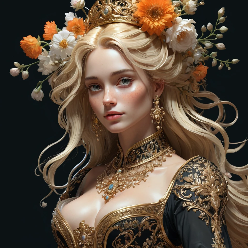 (skeleton like:0.4), ((female ornate princess)), (with blonde long flowing hair), (bright beautiful eyes), trending on artstation, flowers of hope by Jean-Honor Fragonard, Peter mohrbacher, hyper detailed, insane details, stunning, intricate, elite, art nouveau, ornate, liquid wax, elegant, extravagant, luxury, Greg Rutkowski, ink style, sticker, vector-art, beautiful character design, double exposure shot, luminous design, award winning, masterpiece, amoled black background, (full torso),
