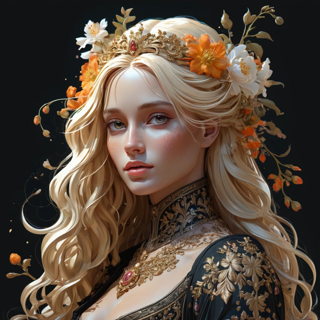 (skeleton like:0.4), ((female ornate princess)), (with blonde long flowing hair), (bright beautiful eyes), trending on artstation, flowers of hope by Jean-Honor Fragonard, Peter mohrbacher, hyper detailed, insane details, stunning, intricate, elite, art nouveau, ornate, liquid wax, elegant, extravagant, luxury, Greg Rutkowski, ink style, sticker, vector-art, beautiful character design, double exposure shot, luminous design, award winning, masterpiece, amoled black background, (full torso),