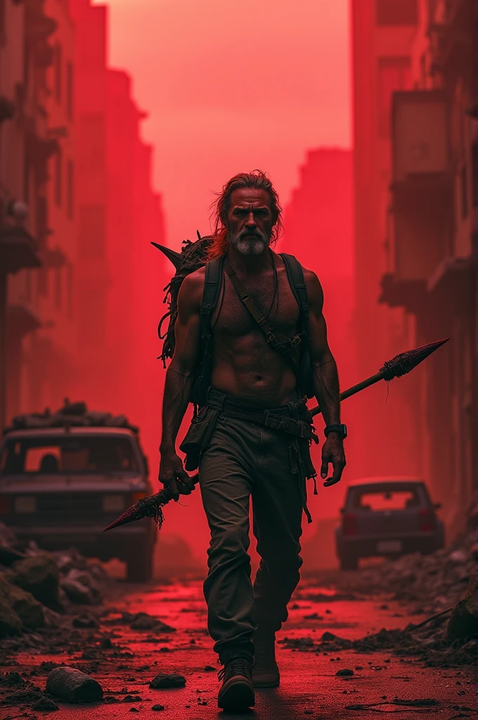 *A lone man, with a face showing fatigue and toughness, walks on an empty street. Surrounding him are broken buildings and abandoned cars. The entire scene is bathed in a red theme. The man carries a makeshift spear and a backpack.*
