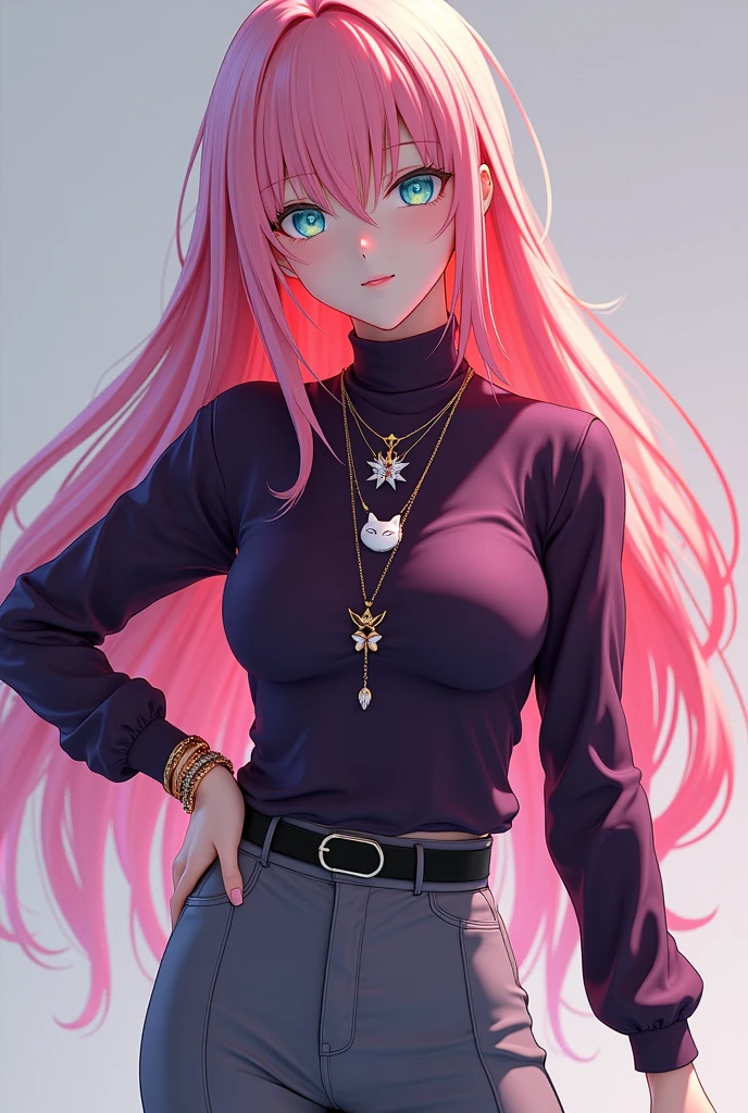 She is a very beautiful young fifteen-year-old girl with snowy skin, long wavy hair of a pale pink color that ends in red at the ends, and expressive almond-shaped eyes, almost transparent in light blue., He has a slim and athletic body, Her heart-shaped face has a small nose and light strawberry pink lips., Her clothing consists of a dark purple sleeveless high-necked shirt that highlights her small pressed waist over tight light gray pants and elegant black ankle boots.. He wears three necklaces, the longest is the one with a white cat., The second is the one with a five-pointed star that is between gold and orange and the last and smallest is the one with a small magenta butterfly., On her left deck she has a light magenta yin-shaped bracelet.. ((Style Epic Anime 3D))