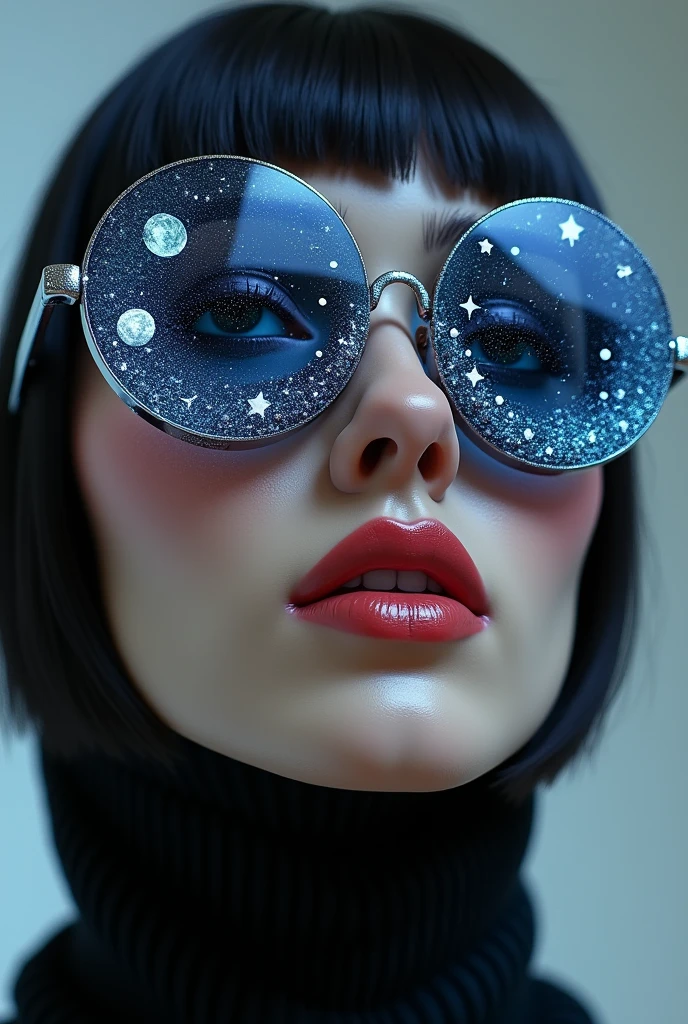 The model is wearing glass sunglasses with stars and the moon on the glass