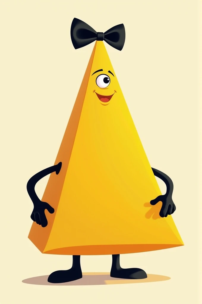 A yellow triangle with one eye with black arms and legs wearing a black Disney-style bow tie