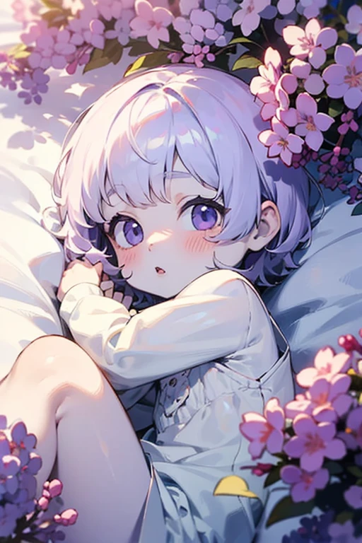 Baby with short lilac hair, white skin