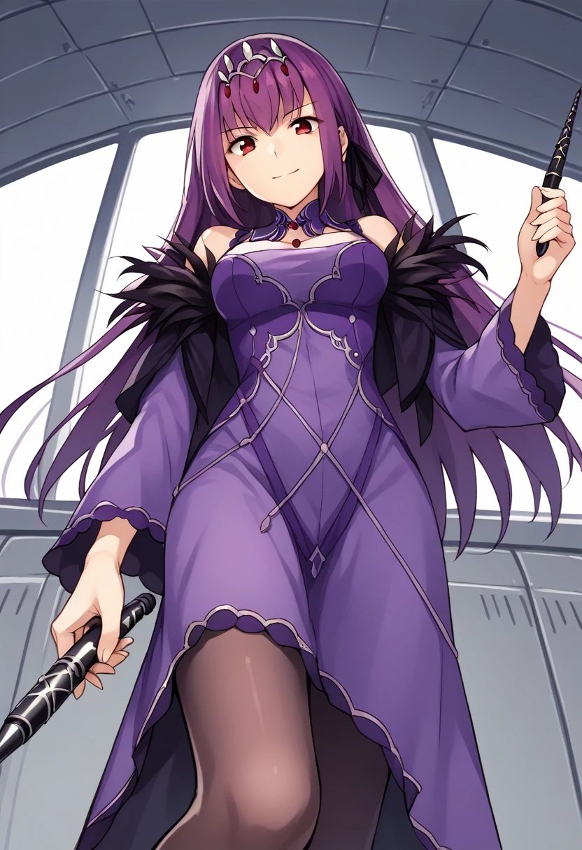 1girl, long hair, purple hair, red eyes, purple dress, silver tiara, detached collar, bare shoulders, long sleeves, wide sleeves, cleavage, feather trim, pantyhose, holding wand, stepped on, from below, pov, evil smile, spacecraft interior, white walls, plant, score_9, score_8_up, score_7_up, score_6_up, score_5_up, score_4_up, BREAK source_anime, masterpiece