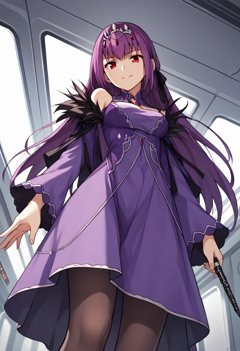 1girl, long hair, purple hair, red eyes, purple dress, silver tiara, detached collar, bare shoulders, long sleeves, wide sleeves, cleavage, feather trim, pantyhose, holding wand, stepped on, from below, pov, evil smile, spacecraft interior, white walls, plant, score_9, score_8_up, score_7_up, score_6_up, score_5_up, score_4_up, BREAK source_anime, masterpiece