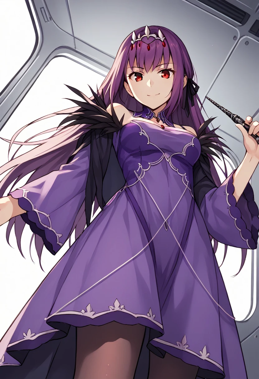 1girl, long hair, purple hair, red eyes, purple dress, silver tiara, detached collar, bare shoulders, long sleeves, wide sleeves, cleavage, feather trim, pantyhose, holding wand, stepped on, from below, pov, evil smile, spacecraft interior, white walls, plant, score_9, score_8_up, score_7_up, score_6_up, score_5_up, score_4_up, BREAK source_anime, masterpiece