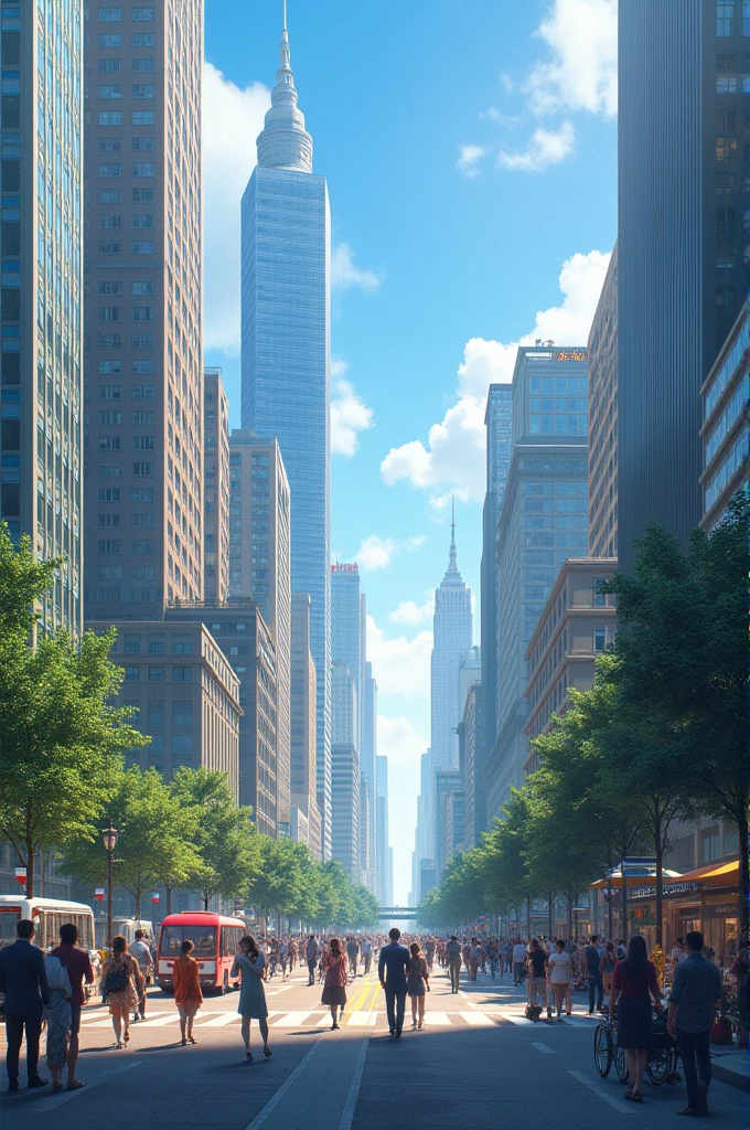An image showing a modern city with several tall buildings and lively people in the streets 