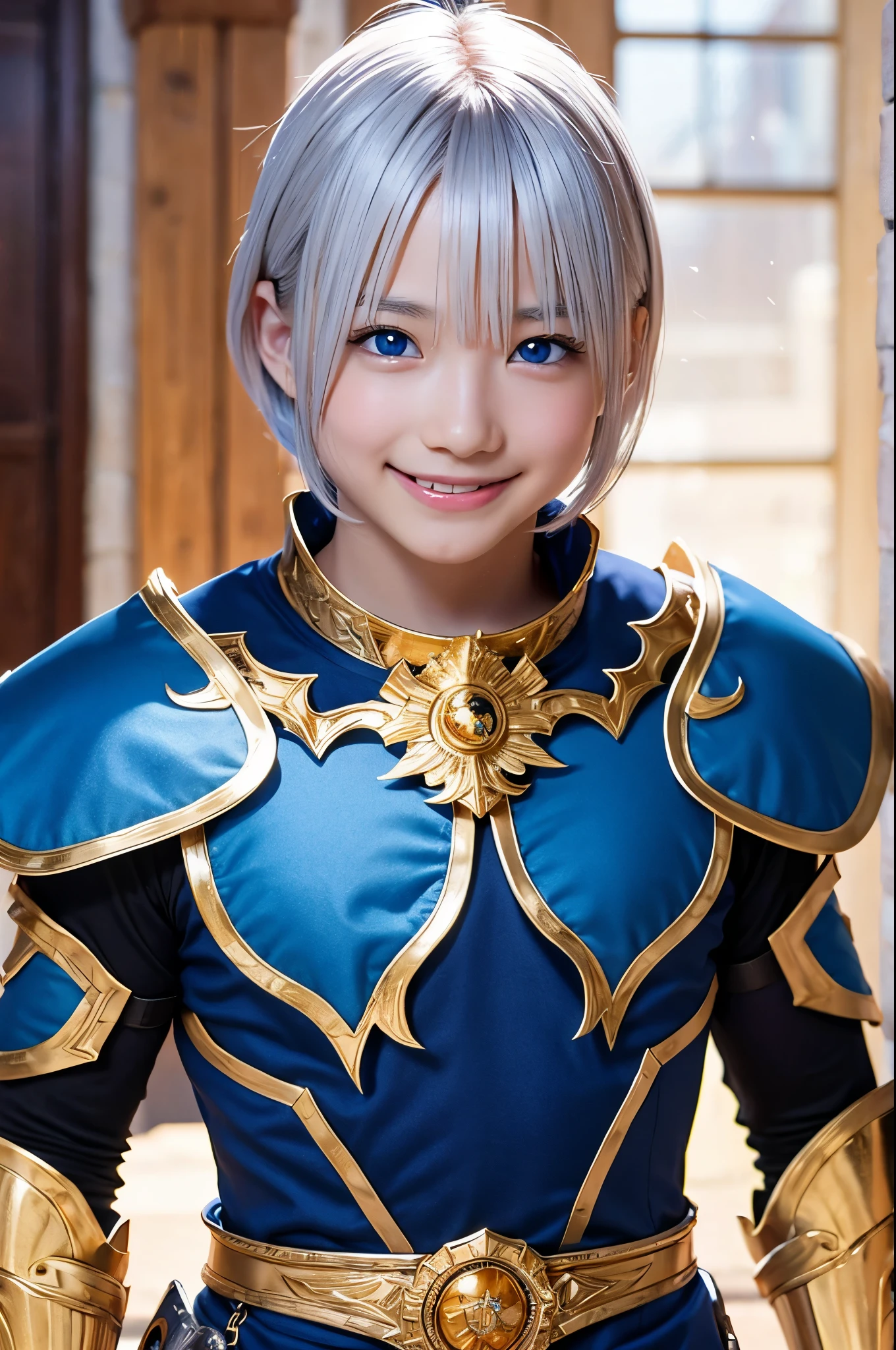 Ultra HD、Ultra-clear、8k、Beautiful dragon boy、White skin、blue eyes、Silver Hair、smile、A holy warrior covered in golden armor