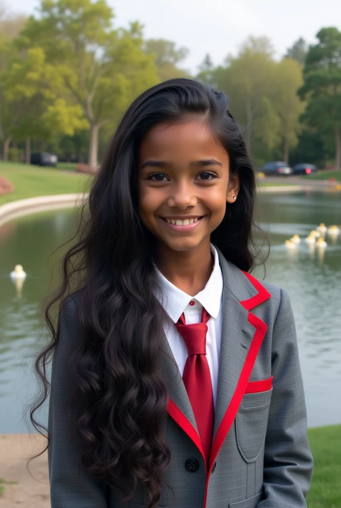 A dark skinned girl with beautiful purple eyes, Wavy black hair that reaches to her waist and her beautiful grey and red school uniform. She is smiling at the camera where you can see the beautiful landscape of a park with a lake full of ducks