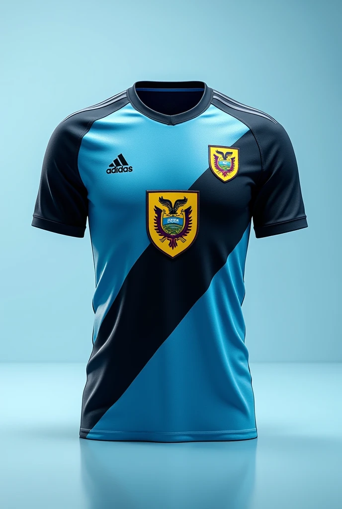 Adidas branded football shirt , the shield that refers to the Ecuadorian Navy, and colors of the blue shirt , celeste , black and white. Just show the shirt