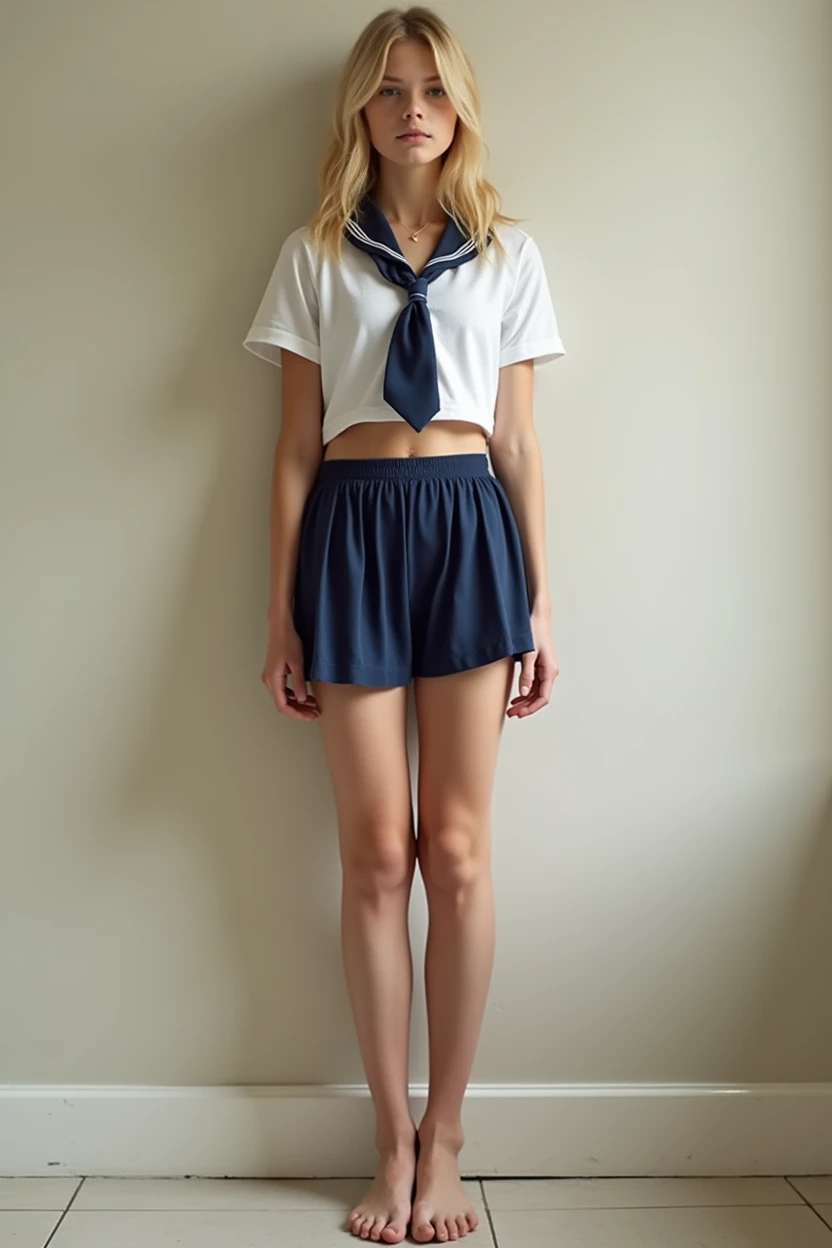 girl in uniform showing underwear and feet in stockings barefoot naked , blonde , skinny ,young