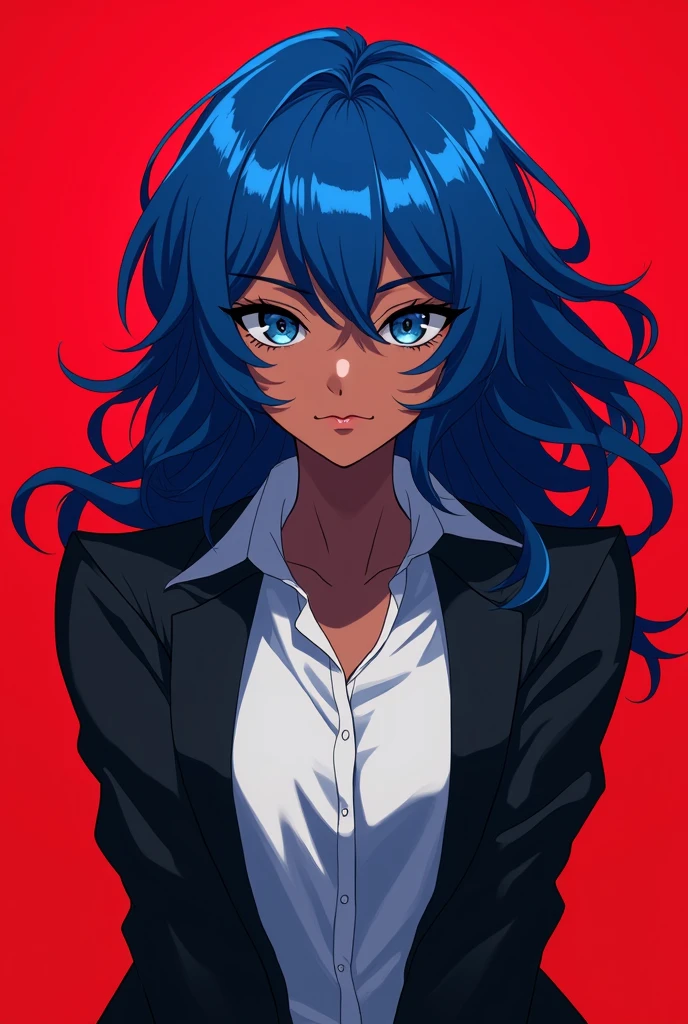 Black girl with wavy blue hair color and a white shirt and black jacket with a red background color and slim body structure
Anime style