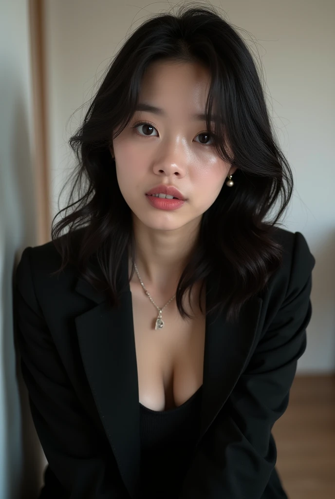 Korean girl showing her pussy with wearing black jacket