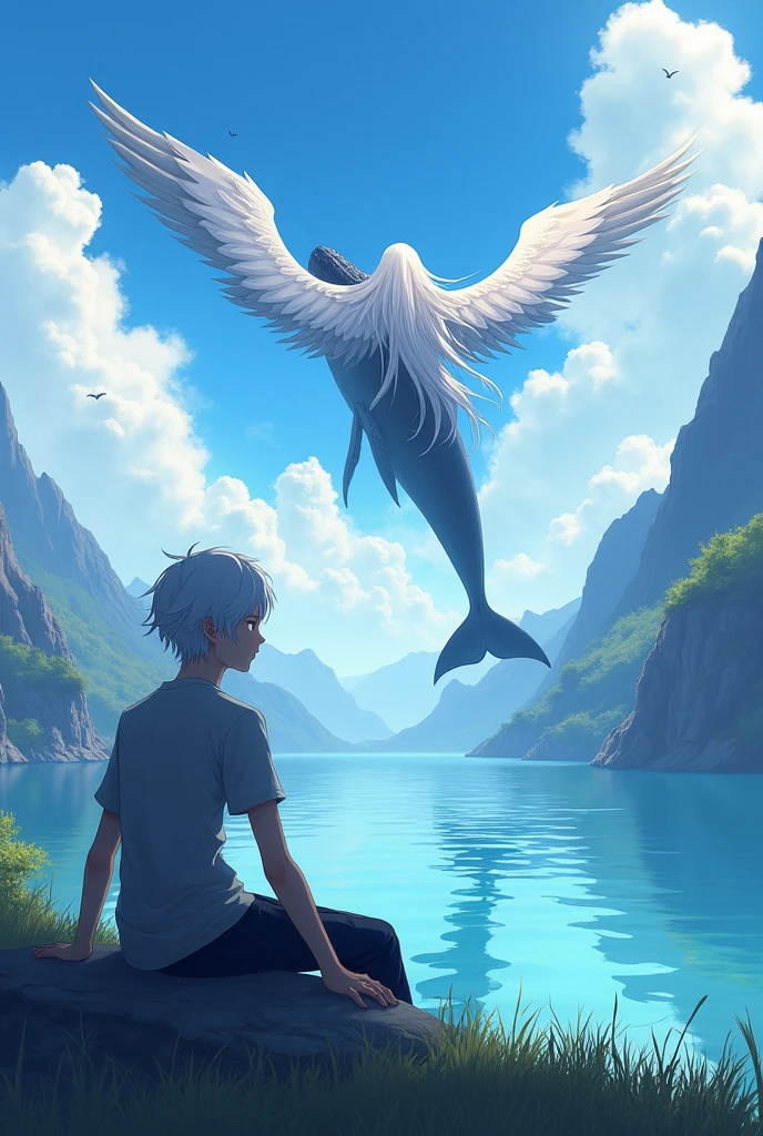 Create a magical fantasy landscape , ISEKAI anime style With an anime-type male human character sitting with his back turned looking at the horizon, white hair and 1.65 height Lakes must have a whale with 4 white wings .
In the distance a woman flying on her way to the arms of the human looking at the horizon The woman must have black wings , You should see her face She is a beautiful woman with red eyes and white hair On her way to hug the man 
