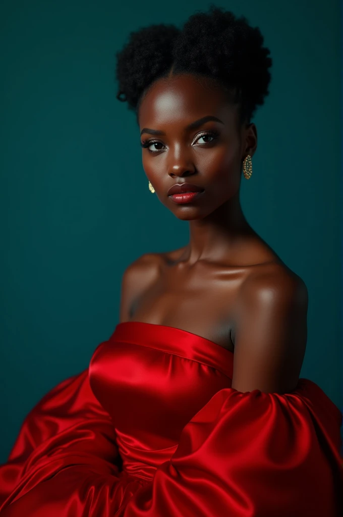 une femme en robe rouge posant pour une photo, a portrait, tendance sur la société cg, afrofuturisme, turquoise et rouge vénitien, Patrick Demarchelier, diablo 4 reine, détails exquis, buste avec un beau cou, éditorial officiel de Valentino, peau foncée avec une teinte bleue, jehan georges vibert, Contraste des couleurs, Brillant, Samburu, petit-fils de Benjamin, image publicitaire] --avec 9:16