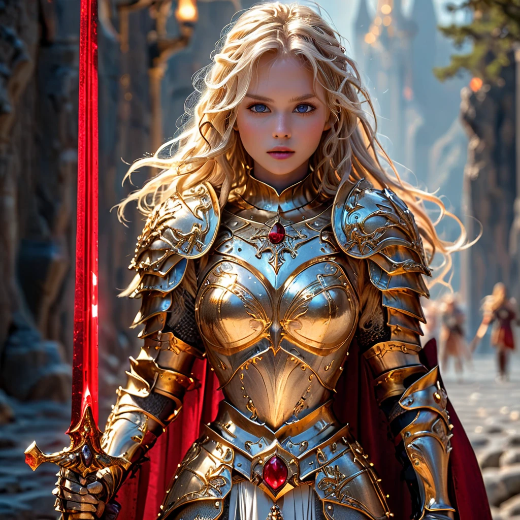 Extremely Beautiful Valkyrie Blonde girl, amazing quality, masterpiece, best quality, hyper detailed, ultra detailed, UHD, perfect anatomy, 
fashion show, model, stylish pose, wearing golden white chestplate armor, red ruby crystal armor in her neck, holding glowing sword, runway, stone road, soft shades, very long blond hair, hand up,
HKStyle,
extremely detailed,