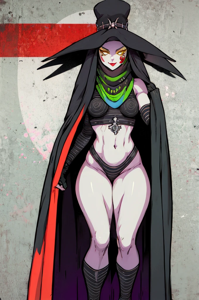 Scathach, navel, yellow eyes, red lipstick, grey skin, red rose tattoo on face, black hair, ScaBan, striped crop top, striped fingerless gloves, striped underwear, jewelry ,large witch hat, cape,colored scarf, skinny, 1girl, solo, facing viewer, looking at viewer, smile.