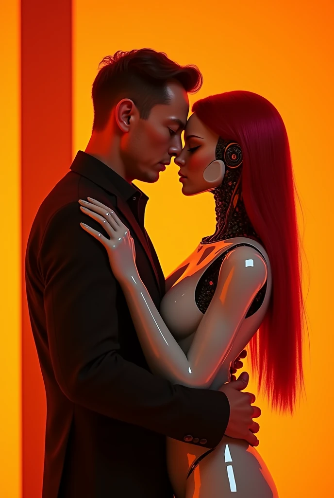Elon musk kissing a female robot with straight red hair next to orange