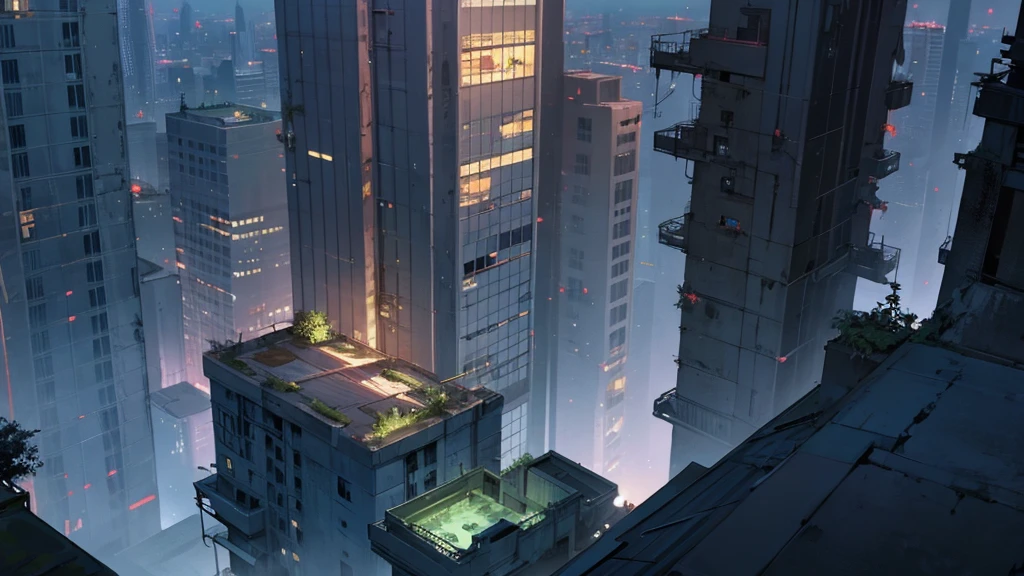 create a scene from the top of a building at night. in an abandoned city taken over by plants. 