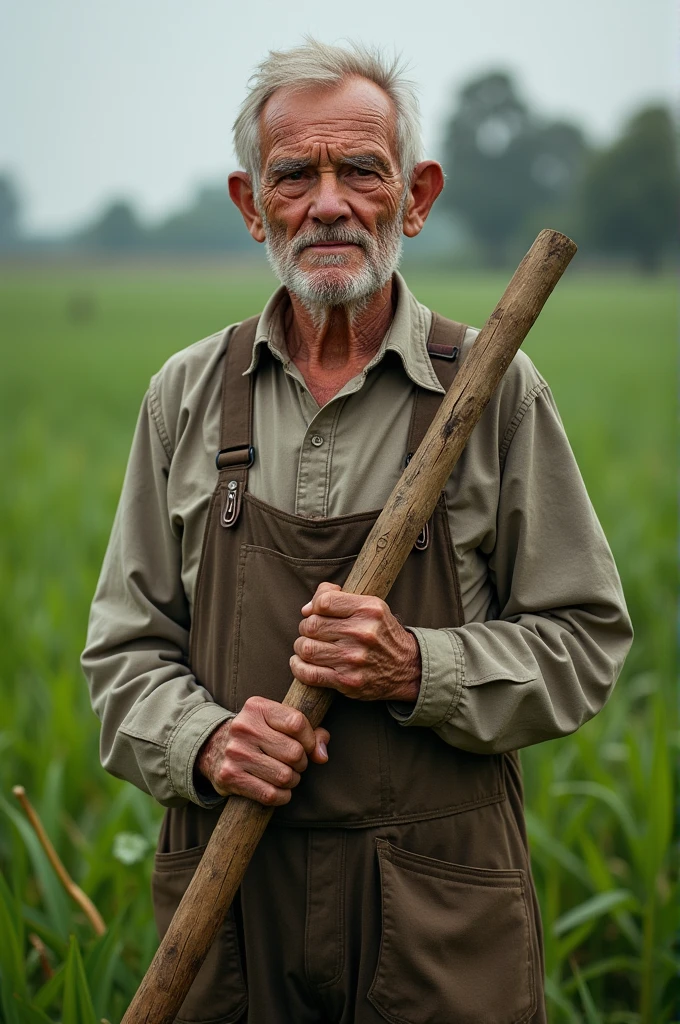 Photo of old farmer holding hoe