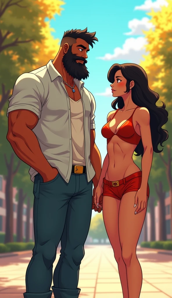 A 7-foot tall, muscular man with a big black beard with hints of white, styled in a French Crop, and brown eyes. He is wearing a vibrant, casual outfit suitable for a college campus, animated in a realistic style with vibrant colors and detailed features. Beside him stands a 6-foot tall woman with a muscular yet feminine build, Western-style hair, red eyes, and a face cut with a sexy look. She’s dressed in a vibrant, stylish cut-slip dress. The scene is in a surrealistic anime style, with a warm, sunny background reflecting their first meeting.