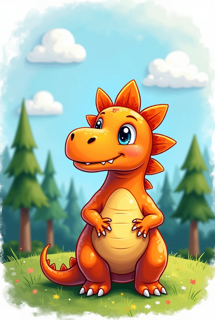 COLORFUL DRAWING OF CUTE DINOSAUR WITH TREES IN THE BACKGROUND and clouds