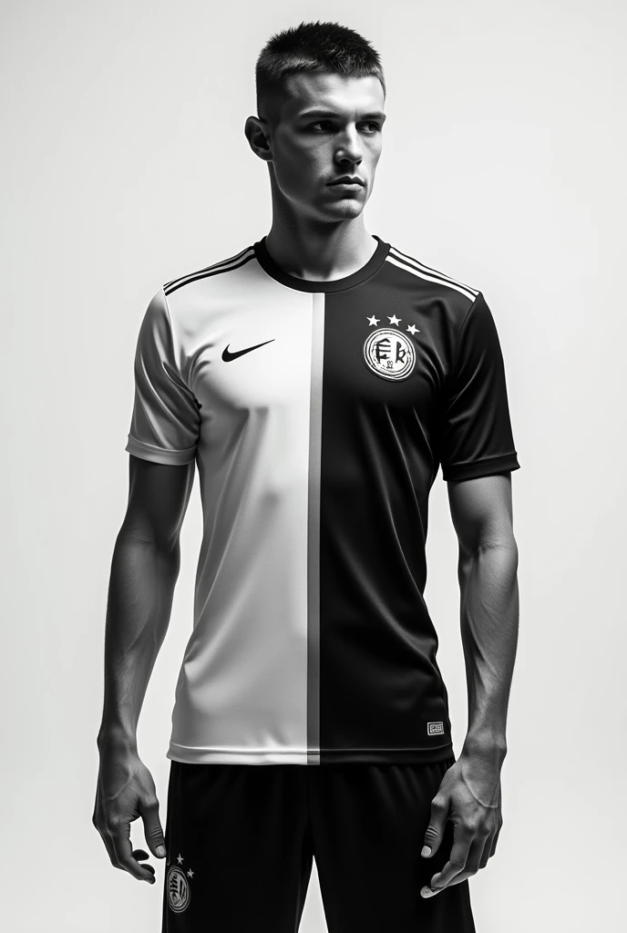 Create a soccer jersey with the colors black and white, something that is sporty and elegant at the same time.