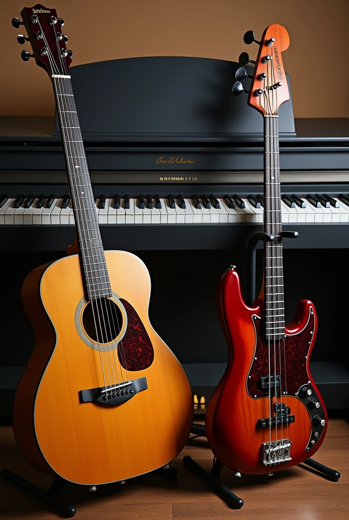 Create an image that has the following musical instruments: acoustic guitar, piano, and electric bass