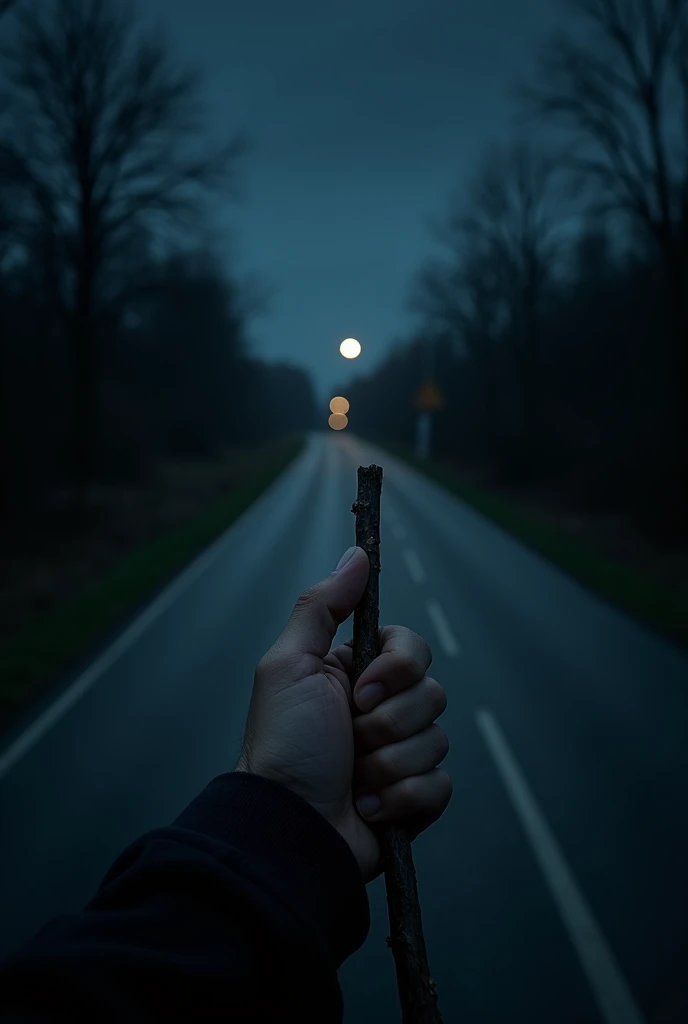 Back camera a hand carry a stick in front of road no body show in night