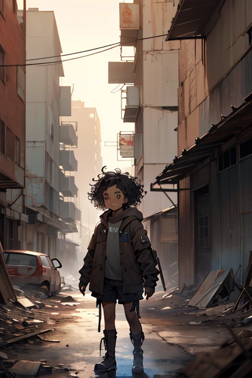 Post-apocalyptic scene with dusty buildings, There is a child, A small black girl with curly black hair, The girl has a gentle expression, Her clothing is a little old, Surviver
