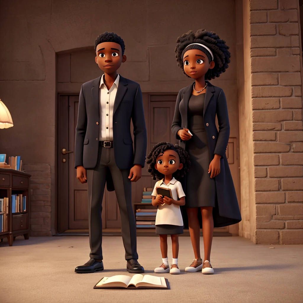 tall black man, black woman and small black woman reading book