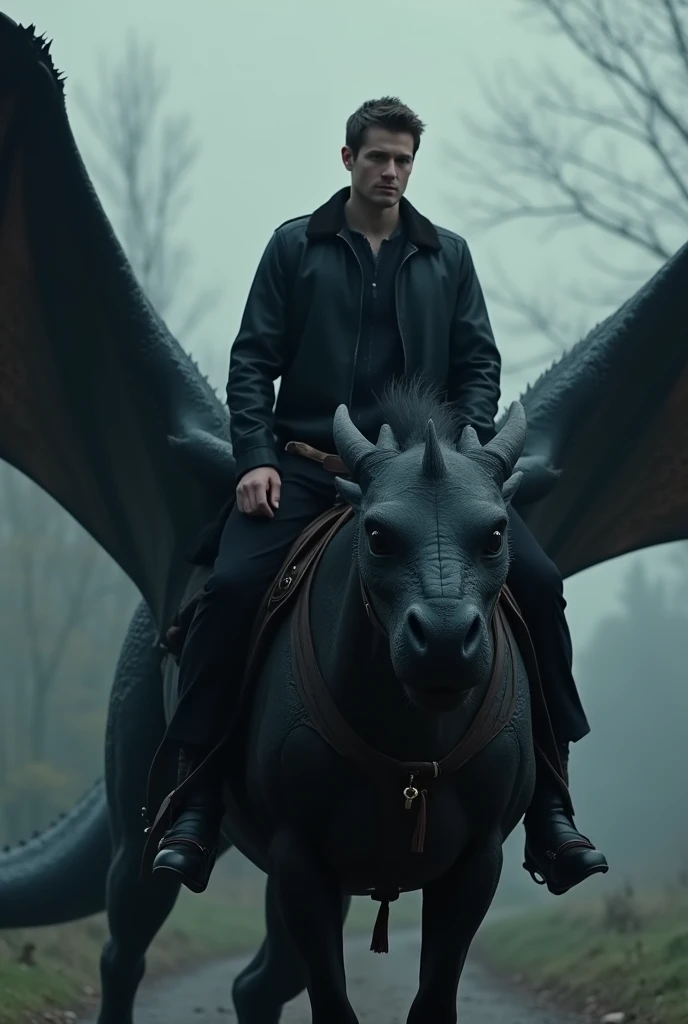 Dean Winchester Supernatural. Riding a giant black dragon.