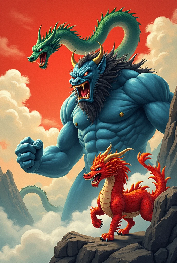 A picture which contains a red and angry quilin in the bottom, in the middle is a muscular and high and blue monster with 2 big biceps and big mouth, on the top is a giant green cobra with the cloud flies around his body. The background is red clouds and sun looks like Japan Nanga. Draw it in Nanga style