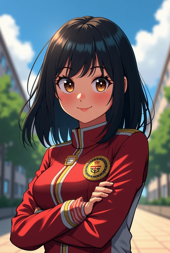 Get inspired by my Hero Academia and make a female character who has medium-long, straight black hair, is dark-skinned, has chubby cheeks, and has a wide nose but not too wide, with a UA uniform and dark brown eyes, no bangs in her hair, and is smiling and has Bakugo Katsuki hugging her.