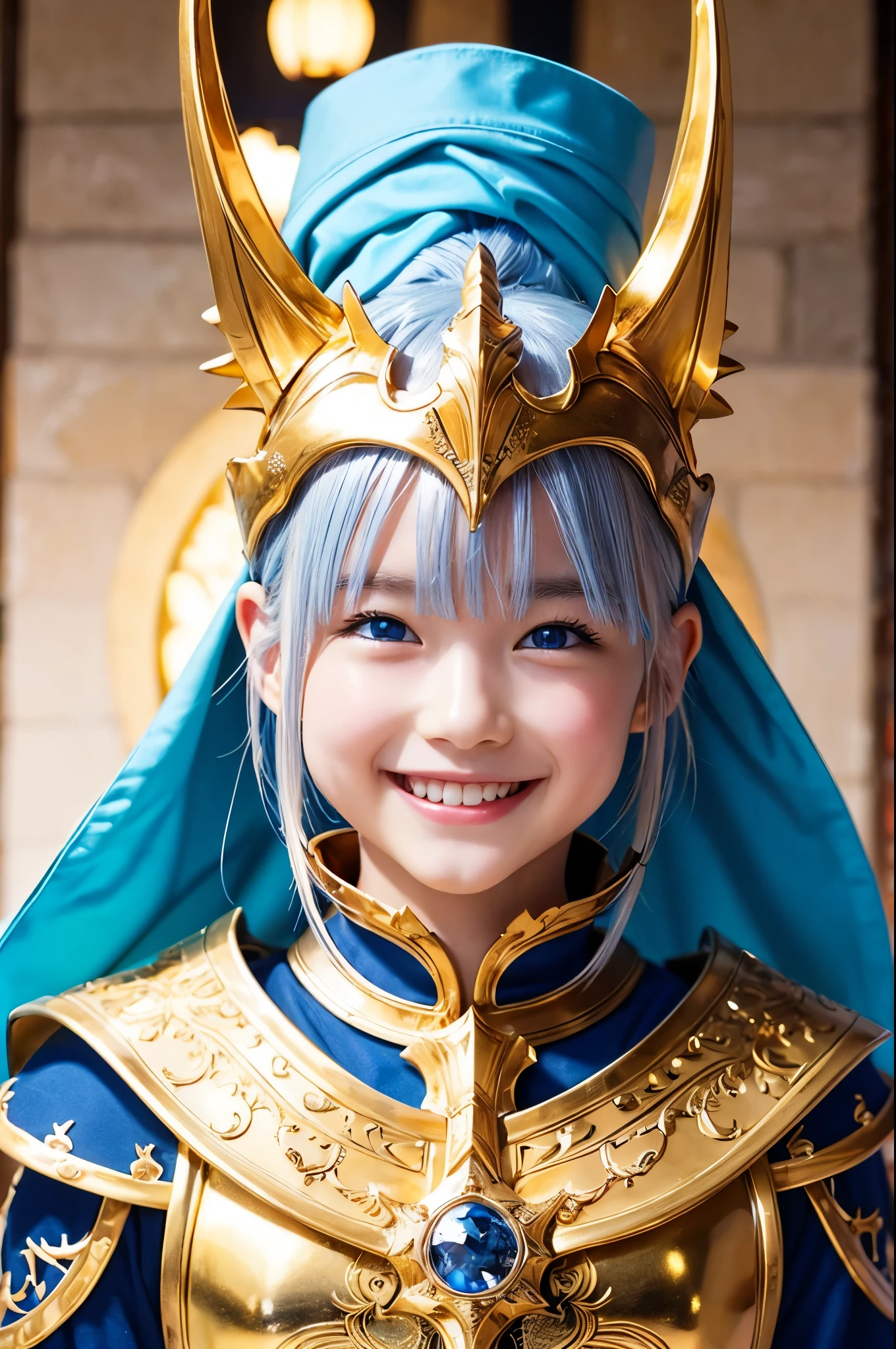 Ultra HD、Ultra-clear、8k、Beautiful dragon boy、White skin、blue eyes、Silver Hair、smile、A holy warrior covered in golden armor