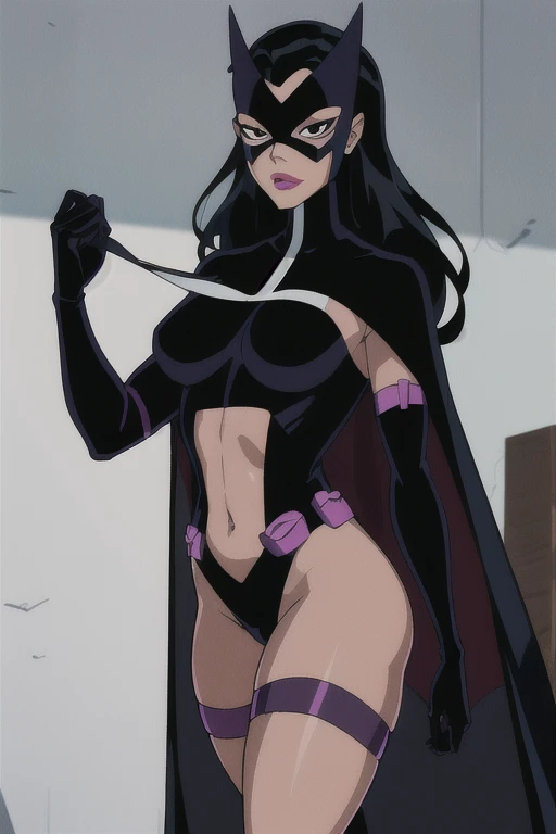 Huntress_JLU, cape, long cape, black hair, long hair, mask, solo, Masterpiece, gloves, black thighs, Best Quality, black eyes, Detail, bodysuit