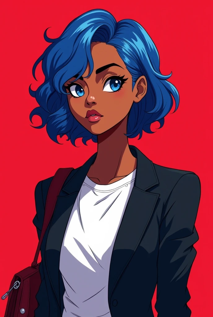 Black girl with wavy short hair blue hair color and a white shirt and black jacket with a red background color and slim body structure
Anime style
