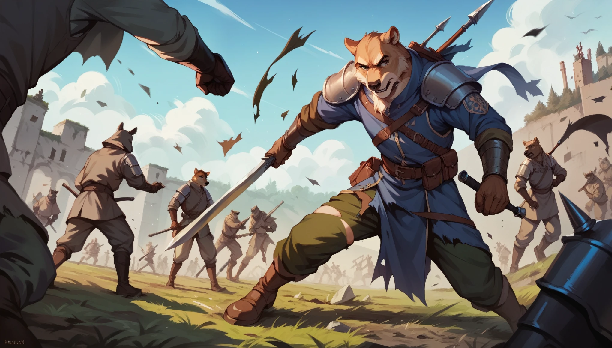 Score_9, score_8, score_7, source_anime, Anthro, scenery, a battlefield, war torn battlefield, medieval battle, soldiers fighting everywhere