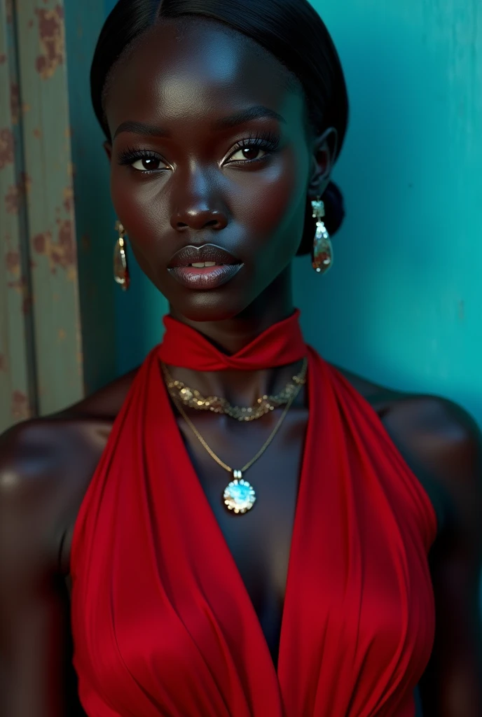 a woman in a red dress posing for a picture, a portrait, trending on cg society, afrofuturism, turquoise and venetian red, patrick demarchelier, diablo 4 queen, exquisite details, bust with a beautiful neck, official valentino editorial, dark skinned with a blue tint, jehan georges vibert, color contrast, gloss, samburu, benjamin vnuk, ad image] --ar 9:16