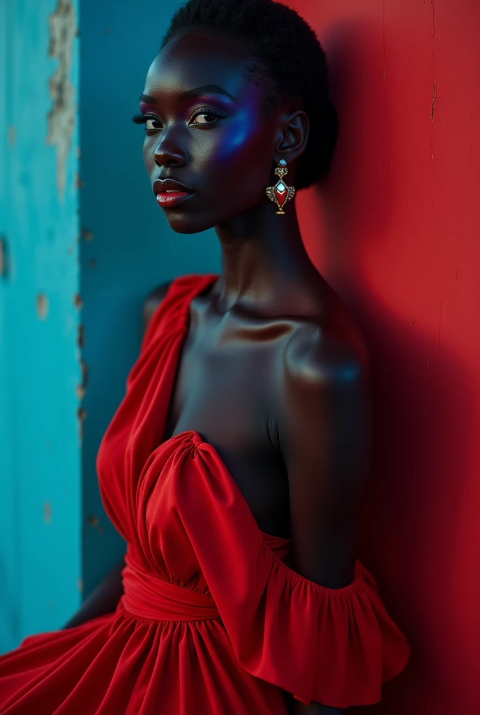 a woman in a red dress posing for a picture, a portrait, trending on cg society, afrofuturism, turquoise and venetian red, patrick demarchelier, diablo 4 queen, exquisite details, bust with a beautiful neck, official valentino editorial, dark skinned with a blue tint, jehan georges vibert, color contrast, gloss, samburu, benjamin vnuk, ad image] --ar 9:16