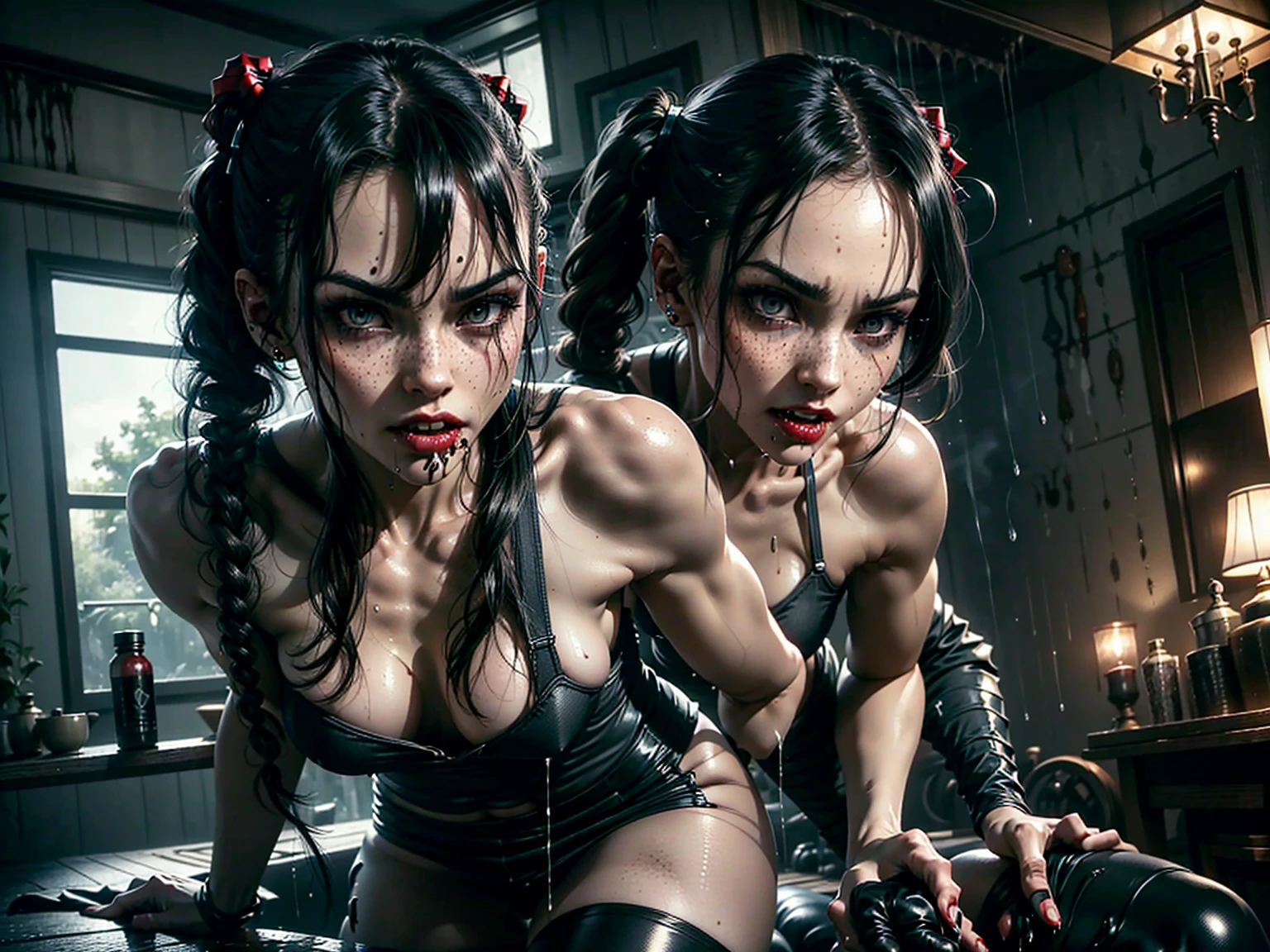 (((red dripping blood))), sexy and perfect tight heart shaped ass, ((female vampire with sharp perfect fangs)), (She is sucking on a man's penis to the hilt), she is biting into a man's penis with her sharp fangs, intense, super slutty, (skintight slutty and revealing bodysuit), ((skirt/pantyhose)), perfect legs and skinny thighs, pantyhose, ((perfect tight ass)), tight wet pussy, giantess, dread, impending death, sex, domination, ((Perfect eyes and face)), ((closed wet full lips)), ((perfect hands and fingers)), ((( a lot of white cum is dripping out of her pussy))), ((she has a skinny and toned strong body)), ((makeup)), ((freckles)), ((perfect eyebrows)), ((sharper edges)), ((perfect scary grey eyes)), perfect intimidating face, slut, sadistic, predatory, better detail on her skin, perfect face and strong jawline, perfect full wet lips, sadistic atmosphere, wet sweaty skin, more detail, beautiful intimidatin grey eyes, ((beautiful horror)), better lighting, more toned muscles, perfect detail on her intimidating eyes, very tight underwear, ((tight pussy)), (((tighter clothing))), slutty, intense, perfect detail, tight and sexy, ((piercings)), skinny, skinny and strong, more skin showing, intense, slutty, freckles, long skinny perfect legs, scary and intense, she is a skinny and toned 25 year old sexy and perfect and intimidating Japanese/American skinny/tone futuristic evil retribuition alice, pale white skin, eye contact, (full tall body is shown), (((hair with short ponytails and bangs))), , perfect face and eyes, she has a skinny and athletic body wearing pantyhose, only her full body is shown above the viewer looking down at him, perfect face, perfect strong jawline, perfect lips, best resolution, perfect bone structure, femdom, she has a skinny and toned young perfect body and legs, tight stockings
