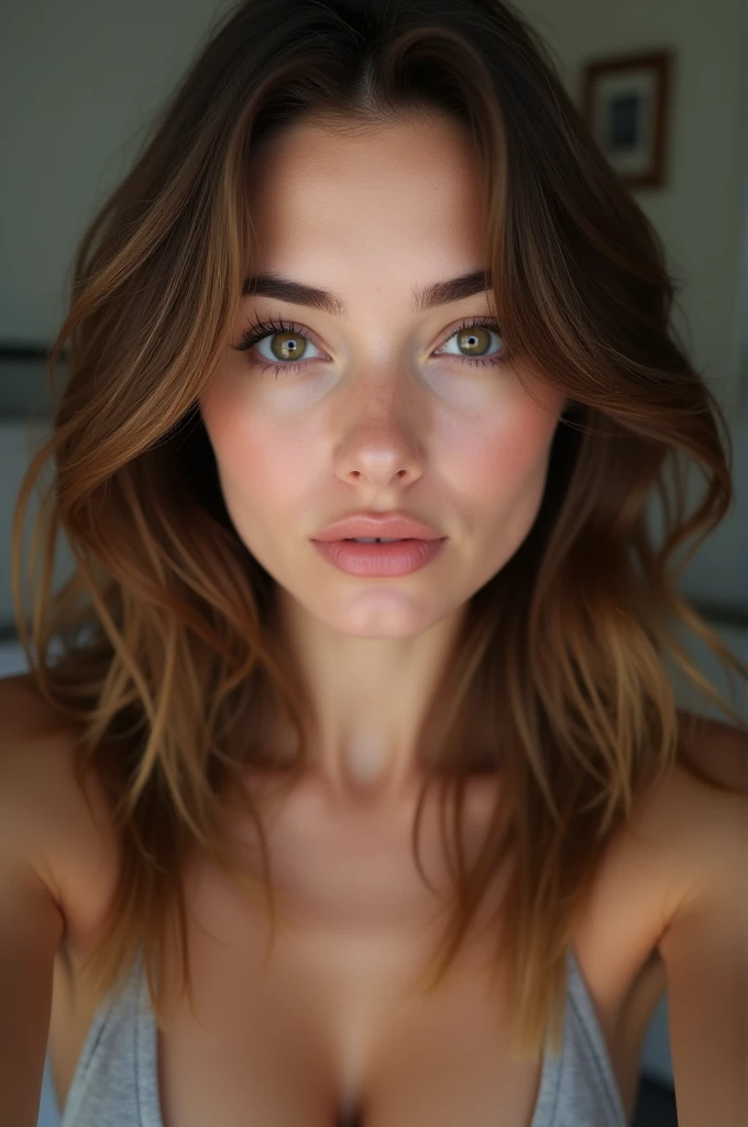 Arafed Woman totally , Sexy girl with brown eyes, ultra realistic, meticulously detailed, Portrait Sophie Mudd, brown hair and big eyes, selfie of a young woman, , Violet Myers, without makeup, Natural makeup,looking directly at the camera , face with artgram, subtle makeup, Stunning full body photo, , medium to large bust size ,masturbating in the bedroom on top of his bed