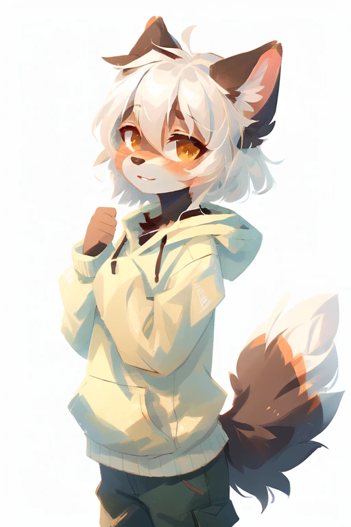 (((White background, no background))), High quality, 8K, by kenket, by swaybat, by reysi, by Zackary911, by hyattlen, by teranen, by fumiko, by Pixelsketcher, by Bayard Wu, by Einshelm, by Kilinah, by Hioshiru, by fluff-kevlar, by Dimwitdog, Furry, Anthro, solo, ((australian shepard)), ((female)), ((young)), fluffy tail, ((slender)), ((short white hair)), chest fluff, short, small breasts, pink panties, oversized long hoodie
