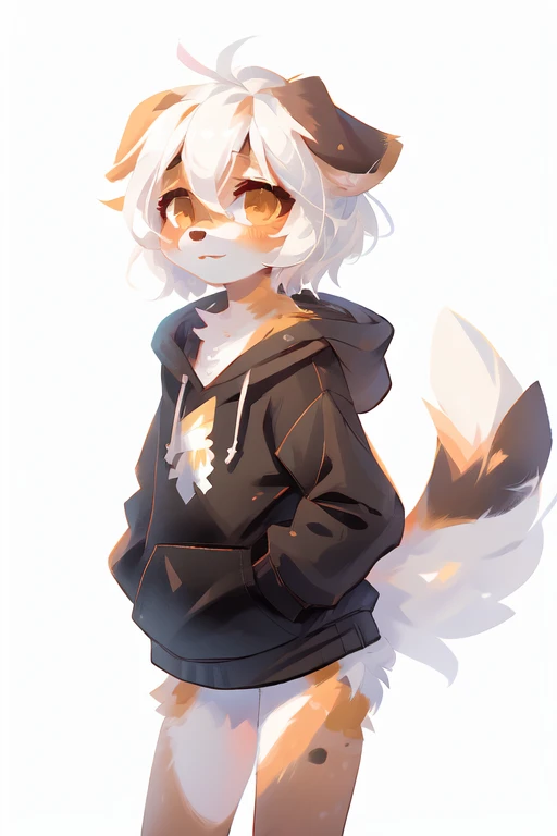 (((White background, no background))), High quality, 8K, by kenket, by swaybat, by reysi, by Zackary911, by hyattlen, by teranen, by fumiko, by Pixelsketcher, by Bayard Wu, by Einshelm, by Kilinah, by Hioshiru, by fluff-kevlar, by Dimwitdog, Furry, Anthro, solo, ((australian shepard)), ((female)), ((young)), fluffy tail, ((slender)), ((short white hair)), chest fluff, short, small breasts, pink panties, oversized long hoodie