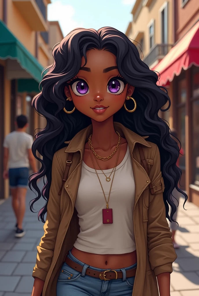 A dark skinned girl with beautiful purple eyes, Wavy black hair that reaches to her waist, He wears casual clothes and walks through the streets admiring the shops